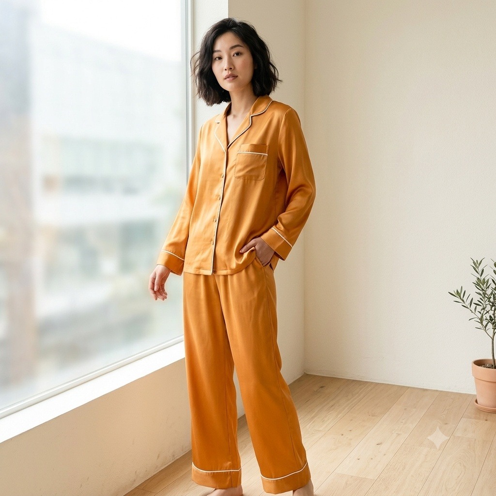 Silk Maison Womens Pajama Set Small Orange 100% Mulberry Silk Contrast Piping